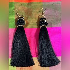 Never Worn Chic Adjustable Tassel Earrings, Black Tassel Earrings For Party, Adjustable Tassel Earrings With Latkans, Chic Black Earrings With Fringe, Chic Black Fringe Earrings, Black Tassel Earrings For Evening, Black Tassel Jewelry For Party, Black Tassel Party Jewelry, Black Bohemian Tassel Earrings For Party