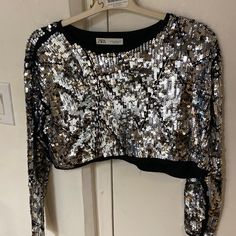 Zara Sequin Top Never Worn Sequined Cropped Top For Fall, Cropped Sequin Top For Fall, Zara Crop Top For Night Out In Fall, Zara Crop Top For Fall Night Out, Long Sleeve Sequin Crop Top For Summer, Sequin Crop Top For Fall Party, Fall Party Crop Top With Sequins, Fitted Sequin Crop Top For Fall, Glamorous Sequined Crop Top For Fall