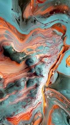 an abstract painting with blue, orange and red colors on it's surface is featured in this image