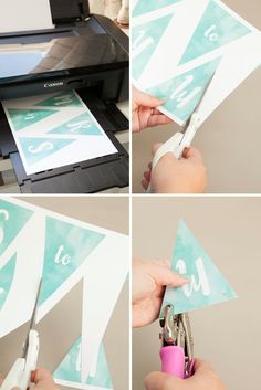 four photos showing how to cut out the letters for a diy banner with scissors