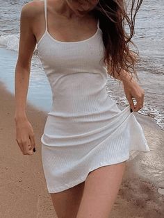 Plain Ribbed Mini Dress White Summer Beach Mini Dress - AnotherChill White Spaghetti Strap, Beach Festival, Aesthetic Dress, Beach Mini Dress, Dress Sleeve Styles, Mini Dresses Online, Holiday Beach, Mini Robes, Dress Stores Online