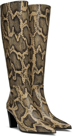 Knee-high snake-embossed calfskin boots in beige. · Pointed toe · Elasticized gusset at inner side · Zip closure at back · Red stitch at heel counter · Grained lambskin lining · Stacked leather block heel with rubber injection · Nubuck sole with rubber injection · Heel: H2.75 Supplier color: Latte Luxury Leather Boots With Snake Print, Heel Boots For Women, Stacked Heel Boots, Black Boots Tall, Block Heel Boots, Leather Block Heels, Boots Knee, Tall Boots, Stacked Heel