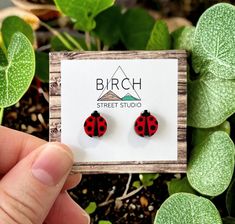 a pair of ladybug earrings is shown in front of some plants