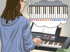 a person with long hair playing an electronic keyboard and thought bubble above it that says degabecadef abcdefa