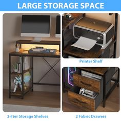 there are three different types of storage space in this desk and printer shelf, 2 - tier shelves, two fabric drawers