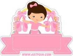 a girl with pink dress and bow on her head is standing in front of a pink ribbon