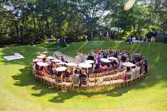 a large group of people sitting on top of a lush green field next to each other