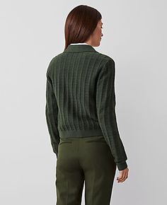 Elevate your wardrobe with the Ann Taylor Collared Stitched Jacket, a testament to sophistication and versatility. This hunter green jacket is perfect for women who appreciate both style and comfort.

- Size: XL (Regular fit)
- Color: Hunter's Green
- Material: 49% Cotton, 27% Nylon, 24% Polyester
- Gender: Female
- Features: Point collar, long sleeves, button front, button welt pockets
- Care Instructions: Machine washable

Designed to be worn buttoned or unbuttoned, this jacket boasts a richly Button-up Polo Sweater For Fall, Button-up Polo Sweater With Buttons For Fall, Fitted Polo Sweater With Buttons For Fall, Textured Knit Sweater Coat For Workwear, Button-up Polo Sweater With Ribbed Collar For Work, Button-up Polo Sweater For Work With Ribbed Collar, Fitted Button-up Polo Sweater For Fall, Collared Polo Sweater With Button Cuffs For Workwear, Fall Button-up Polo Sweater With Button Closure