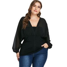 Plunge Plus Size Button Embellished Blouse - Black - 3E81619314 - Women's Clothing, Plus Size Women's Clothing  #PlusSizeWomensClothing #Women's #Clothing # #Plus #Size #Women's #Clothing Woman Blouse Casual, Blouse Size Chart, Embellished Skirt, Cheap Blouses, Feminine Top, Embellished Blouse, Trendy Plus Size Clothing, Kids Swimwear, Chiffon Shirt