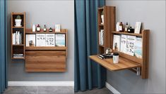 a bathroom with blue curtains and wooden shelves