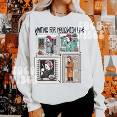 ☾ Waiting for Halloween like ☾ 50% cotton 50% polyester | Gildan brand ☾ Color: White or Ash grey ☾ Please size up 1-2 sizes for an oversized look  ☾ Handmade :) Funny Print Long Sleeve Sweatshirt For Fall, Long Sleeve Sweatshirt With Funny Print For Fall, White Funny Print Sweatshirt For Fall, White Fall Sweatshirt With Funny Print, White Sweatshirt With Funny Print For Fall, Fall Sweatshirt With Funny Print And Relaxed Fit, Waiting For Halloween, Spooky Sweatshirt, Halloween Crewneck