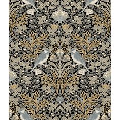 an ornate wallpaper with birds and flowers on black, gold and grey colors is featured in this image