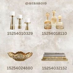 the different types of perfume bottles are shown in gold and white colors, including one that is