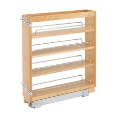 a wooden shelf with metal shelves on it