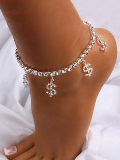 DETAILS Rhinestone Dollar sign Alloy Anklet Silver, Ankle Bracelets Diy, Foot Chain, Purple Details, Ankle Jewelry, Dollar Sign, Bandage Midi Dress, Rhinestone Chain, Purple Mini Dresses