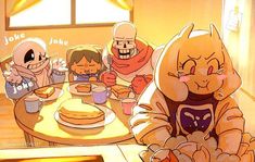 some cartoon characters sitting around a table eating food