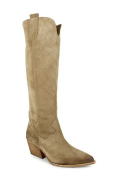 Add unmistakable Western flair to your look with this knee-high suede boot set on a block heel. 2 1/2" heel 15 1/2" shaft; 14 1/2" calf circumference Leather upper, lining and sole Made in Italy Womens Western Outfits, Knee High Western Boots, Knee High Boots Flat, Rodeo Outfits, Clothing Haul, Cowboy Boots Women