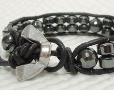 Handsome Hematite Men's bracelet by Tesoribydmarie on Etsy Leather Bracelets, Leather Wraps, Wrap Bracelet, Mens Bracelet, Bead Work, Leather Bracelet, Jewelry Bracelets