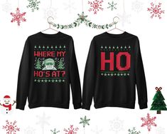 🎄Can be purchased separately, listing is for 1 sweater Funny matching santa ho's sweatshirts for the couple. Such a fun couple christmas outfit idea. These unisex sweatshirts are warm and comfy and are perfect for heading outdoors and enjoying the season whilst keeping stylish and cozy. Available in plus size to 5xl. STYLE GUIDE *Unisex *Crewneck *Set in Sleeves *Cozy and Soft MATERIAL *50% Cotton / 50% Polyester All Sweatshirts in this store are designed by us and printed on demand onto premiu Matching Christmas Jumpers, Couples Christmas Sweaters, Matching Christmas Sweaters, Xmas Jumpers, Couples Sweaters, Ribbon Shirt, Couples Sweatshirts, Matching Couple Outfits, Christmas Couple