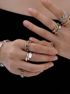 Measurement : 4mm ( Width) Material : Sterling Silver Plating : 12K Gold Rings Aesthetic Mixed Metals, Mixing Metals Jewelry Aesthetic, Mix Gold Silver Jewelry, Gold Silver Rings Mixed, Mixed Metals Rings On Hand, Mix Jewelry Style, Good And Silver Jewelry Together, Ring Stacks Mixed Metal, Mix Metal Rings