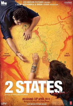 two states movie poster with man and woman looking at map on yellow background, india