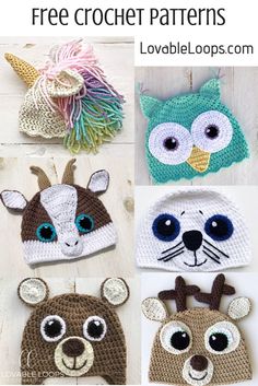 crocheted animal hats with text that says free crochet patterns