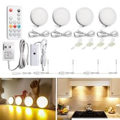 several different types of kitchen lights with remote controls on the wall and below them, including an appliance