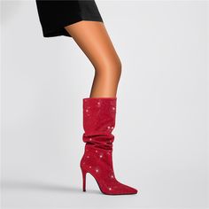 Shop Cherry Red Party Rhinestone Boots Stiletto Heel | Pointed Toe Jeweled Knee High Boots color Red for Dancing Club, Going out, Night Club, Party, Red Carpet with worldwide Free shipping & Free return. High Knee Boots, Rhinestone Boots, Dancing Club, Glitter Party, Red Party, Stiletto Boots, High Knees, Club Party, Shoe Size Chart