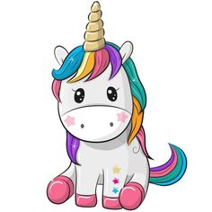 a cartoon unicorn with a rainbow mane and stars on it's head, sitting down