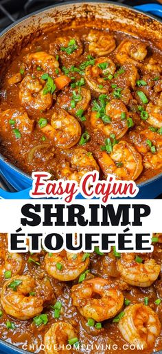 easy cajun shrimp etouffe recipe in a skillet with text overlay