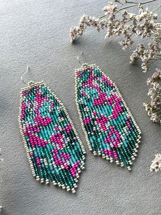 Turquoise Pink Beaded Earrings Fringe Seed Bead Earrings - Etsy Ukraine Green Beaded Earrings With Silver Beads As Gift, Bohemian Pink Sterling Silver Earrings, Pink Bohemian Sterling Silver Earrings, Colorful Round Beaded Sterling Silver Earrings, Colorful Beaded Earrings In Sterling Silver, Colorful Sterling Silver Beaded Earrings, Turquoise Beaded Earrings For Gifts, Pink Beaded Sterling Silver Jewelry, Colorful Beaded Sterling Silver Earrings As Gift