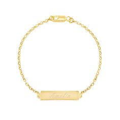 Engrave a name or message on the front and back on the gold bar charm on this bracelet. The bracelet is 7 inches long with a rolo chain. Nameplate Bracelet, Jewelry For Kids, Family Tree Necklace, Bar Bracelet, Fun Jewelry, Id Bracelets, Bar Bracelets, Rose Gold Bracelet, Silver Bars