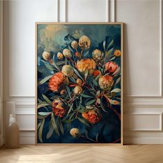 a painting on the wall with flowers in it