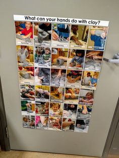 a door is covered with pictures of people doing different things in the house and what can your hands do with clay?