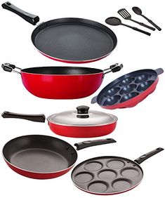 an assortment of cooking utensils and pans are shown in this image on a white background