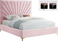 a pink bed with an upholstered headboard and foot board, is shown