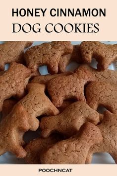 there are many dog cookies on the plate with words above it that read honey cinnamon dog cookies