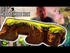 a man standing in front of a moss covered rock with the words diy hobbit hole hide