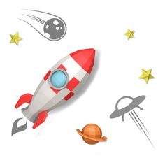 a red and white rocket ship flying through the sky next to other space related objects