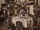 an old black and white photo of a dining room