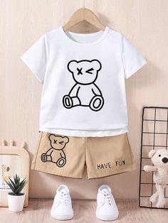 Young Boy Cartoon Bear Print T-Shirt And Shorts 2pcs Summer Outfit White Casual  Short Sleeve Polyester Animal,Cartoon,Letter  Slight Stretch  Young Boys Clothing, size features are:Bust: ,Length: ,Sleeve Length: Family Matching Sets With Cartoon Print Short Sleeves, Cute Summer Sets With Crew Neck, Playful Letter Print Sets With Crew Neck, White Character Print Summer Sets, White Character Print Sets For Summer, Cute Short Sleeve Sets With Graphic Print, Trendy Cotton Sets With Cartoon Print, Casual Short Sleeve Sets With Character Print, White Crew Neck Sets With Cartoon Print