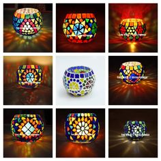 several images of different colored glass vases with lights in them and on the floor