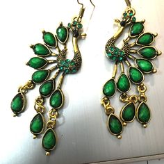 These Are Almost 2 Inches Long, So Pretty, Silver Tone Metal Jewelry With Peacock Design For Party, Party Jewelry With Peacock Design In Metal, Green Peacock Design Jewelry For Party, Green Peacock Design Jewelry Gift, Jewelry Emerald, Peacock Earrings, Cell Phone Holster, Phone Holster, Walker Boots