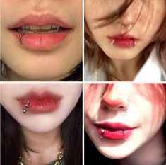 four different pictures of women with piercings on their mouths and lips, all wearing red lipstick