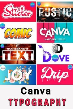 the words canva typograph are displayed in different colors and font styles, along with