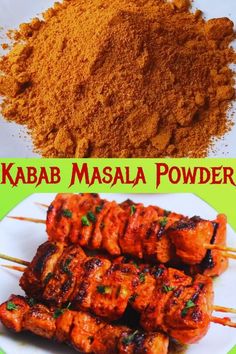 some food is on a white plate and there are two pictures with the words kabab masala powder next to it