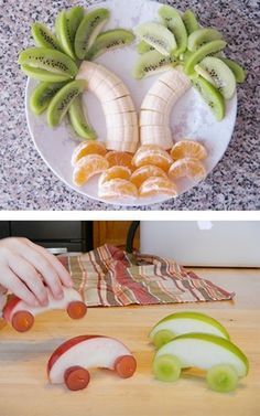 there are two pictures with fruit on the same plate and one has oranges, kiwis, and bananas