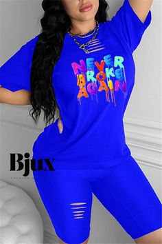 Bjux - Elegante conjunto de camiseta y pantalón corto en rosa con letras estampadas Trendy Blue Short Sleeve Sets, Casual Blue Letter Print Sets, Blue Summer Sets With Letter Print, Summer Blue Sets With Letter Print, Blue Letter Print Summer Sets, Blue Short Sleeve Sets With Letter Print, Short Sleeve Graphic Print Loungewear Sets, Graphic Print Short Sleeve Loungewear Sets, Graphic Print Loungewear Sets With Short Sleeves