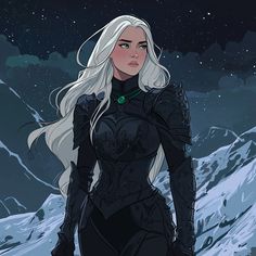 a woman with long white hair standing in front of snow covered mountains and the stars above her