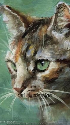 a painting of a cat with green eyes and whiskers on it's head